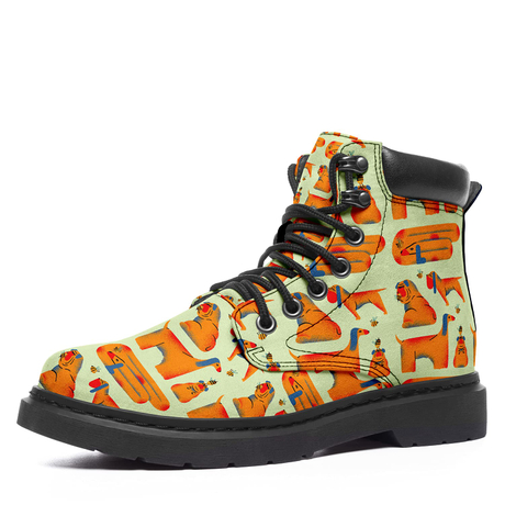 Dog Print Classic Boots Ankle Boots for Women Lace-Up Leather Ladies Fashionable Combat Boots
